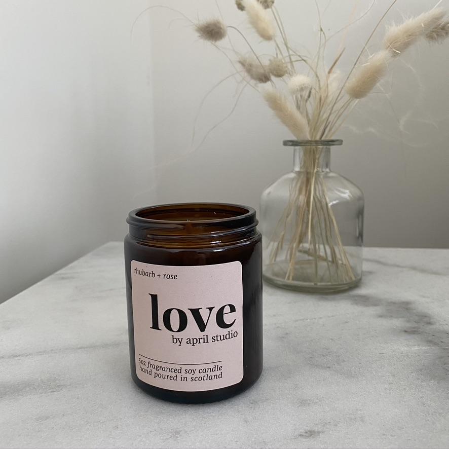 love rose + rhubarb scented soy jar container candle